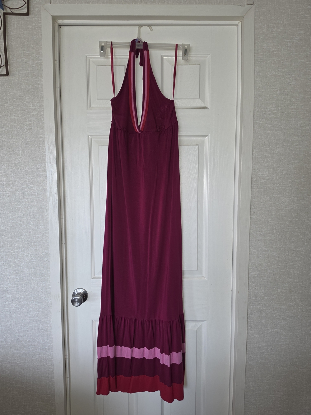 Women’s Deep Magenta Halter Maxi Dress with Colorblock Hem